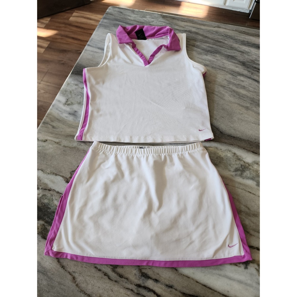 VTG Y2K Nike Womens Dri-FIT Tennis Skirt and Polo Top Set White Purple Small